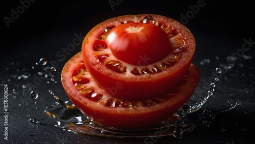 A perfectly sliced tomato with each slice floating one