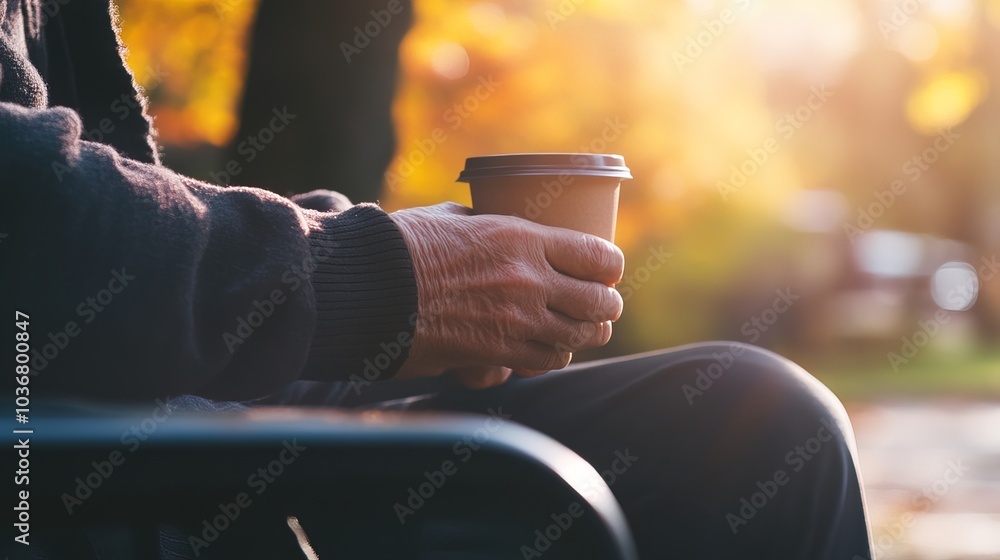 Middle-aged man with slight tremor holding cup of coffee on park bench, symbolizing struggle with Parkinson's disease, calm natural setting. Middle-aged man with slight tremor holding cup of coffee on park bench, symbolizing struggle with Parkinson's disease, calm natural setting.