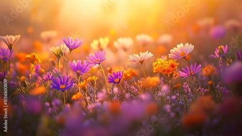 A vibrant field of wildflowers in various colors blooming under a warm sunlight, creating a serene and picturesque natural landscape. photo