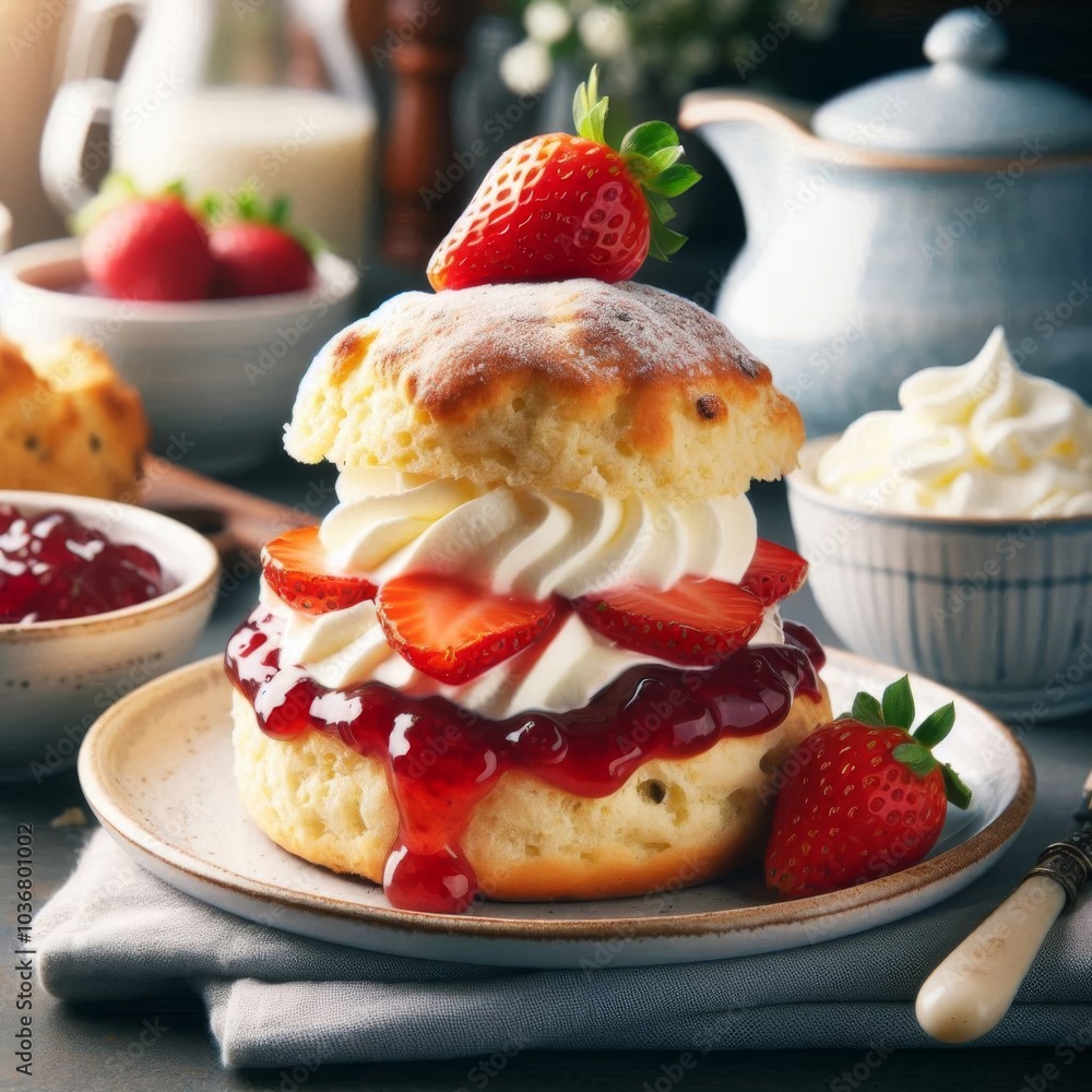 Fluffy scone filled with sweet strawberry jam and rich clotted cream served on a table Fluffy scone filled with sweet strawberry jam and rich clotted cream served on a table