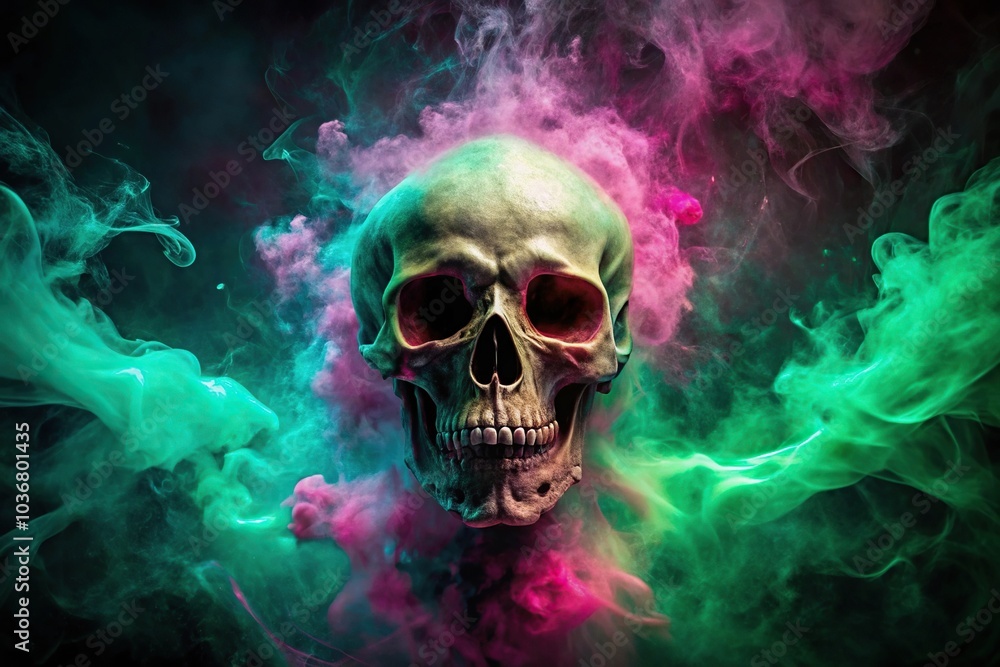 Panoramic chilling skull with green splatter and pink smoke for Halloween fun Panoramic chilling skull with green splatter and pink smoke for Halloween fun