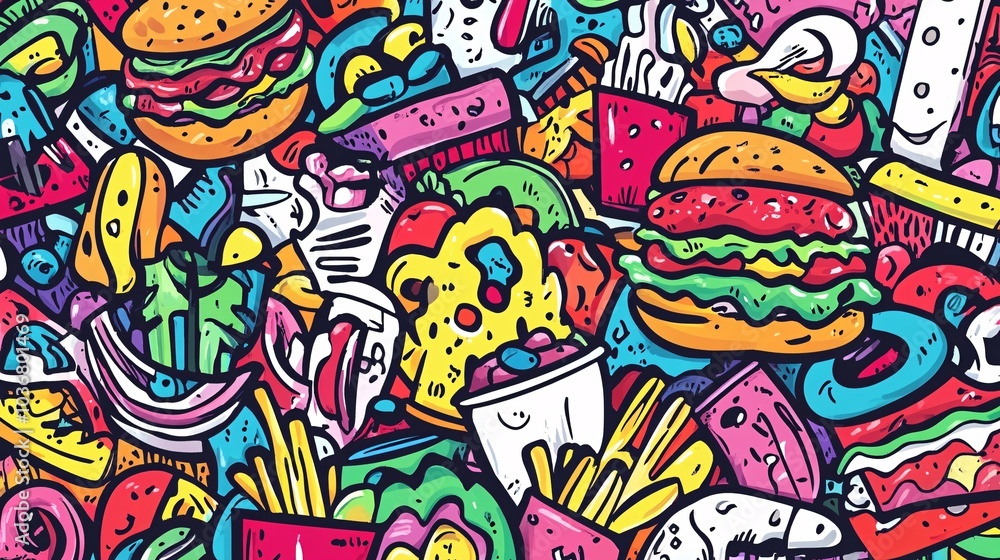 A vibrant and colorful illustration featuring a variety of fast food items including burgers, fries, and desserts, set against a lively backdrop. A vibrant and colorful illustration featuring a variety of fast food items including burgers, fries, and desserts, set against a lively backdrop.