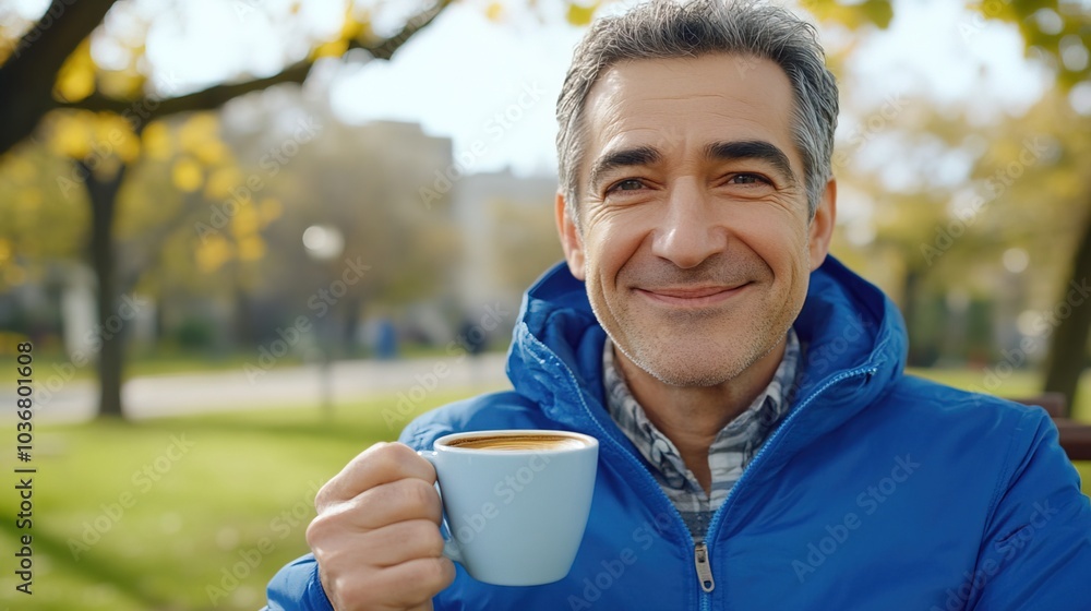 Middle-aged man with slight tremor holding cup of coffee on park bench, symbolizing struggle with Parkinson's disease, calm natural setting. Middle-aged man with slight tremor holding cup of coffee on park bench, symbolizing struggle with Parkinson's disease, calm natural setting.