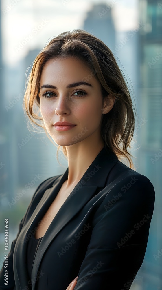 Confident Businesswoman in Sleek Office Attire Set Against Bustling Cityscape Confident Businesswoman in Sleek Office Attire Set Against Bustling Cityscape