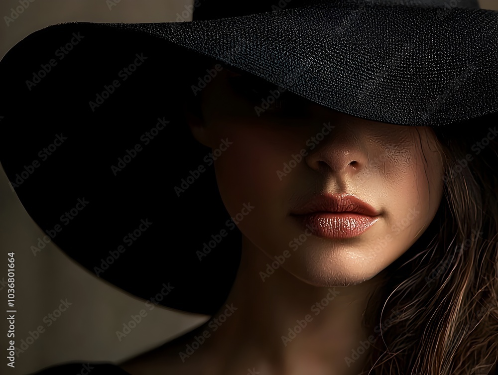 Mysterious and Elegant Portrait of a Woman Partially Obscured by a Large Hat Mysterious and Elegant Portrait of a Woman Partially Obscured by a Large Hat