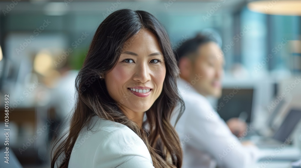 custom made wallpaper toronto digitalImage of a young businesswoman smiling in a meeting room with colleagues, discussing strategy and planning for success, highlighting a strong presence in leadership