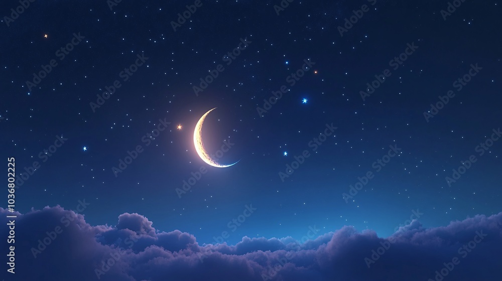 A serene night sky featuring a crescent moon surrounded by stars and soft clouds, creating a tranquil celestial scene. A serene night sky featuring a crescent moon surrounded by stars and soft clouds, creating a tranquil celestial scene.