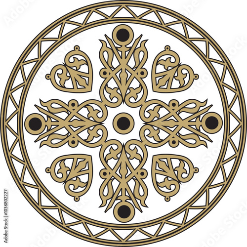 Vector gold on a black background Yakut round ornament. The circle of the ancestors of the northern peoples of the tundra. Talisman, amulet, protection symbol of longevity and infinity.