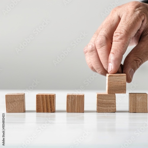 Human hand arranging wood building blocks stacking as step stair on white background.