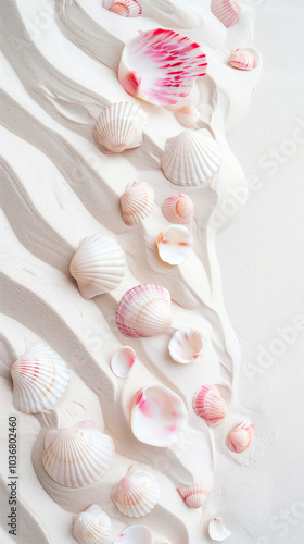 Pink and white seashells on soft white sand