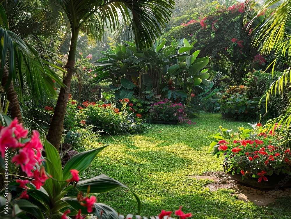 Obraz premium Lush Tropical Garden with Vibrant Flowers and Palm Trees