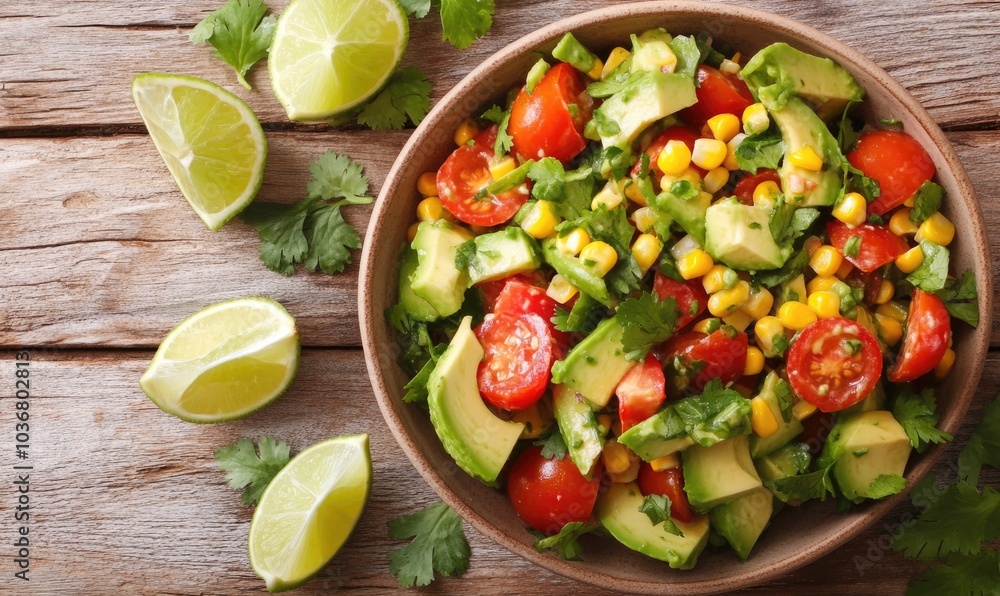A bowl of food with tomatoes, corn, and lime A bowl of food with tomatoes, corn, and lime