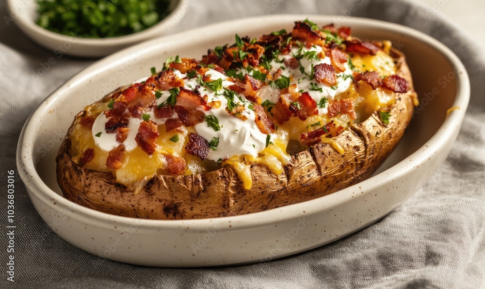 A white bowl with a potato in it A white bowl with a potato in it