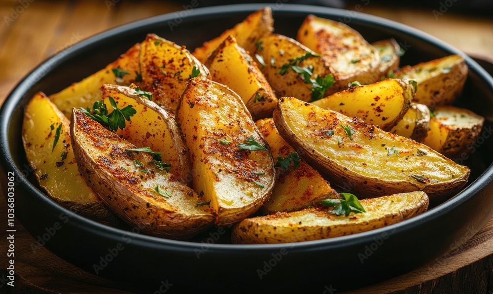 A bowl of seasoned potatoes with parsley on top A bowl of seasoned potatoes with parsley on top
