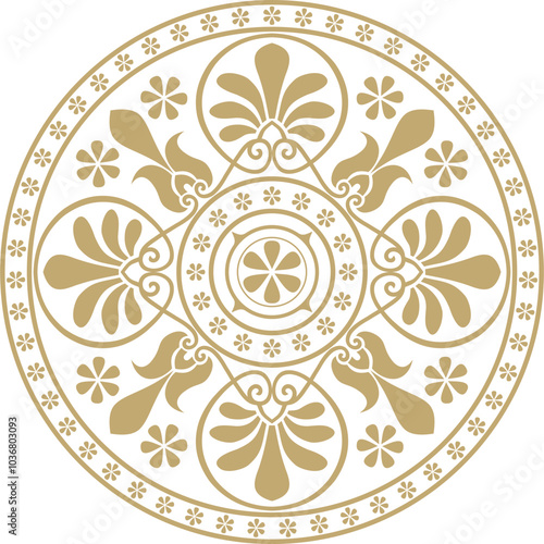 Vector golden classic Greek round ornament. Circle of Ancient Greece and the Roman Empire. Byzantine painting of walls, floors and ceilings. Decoration of European palaces