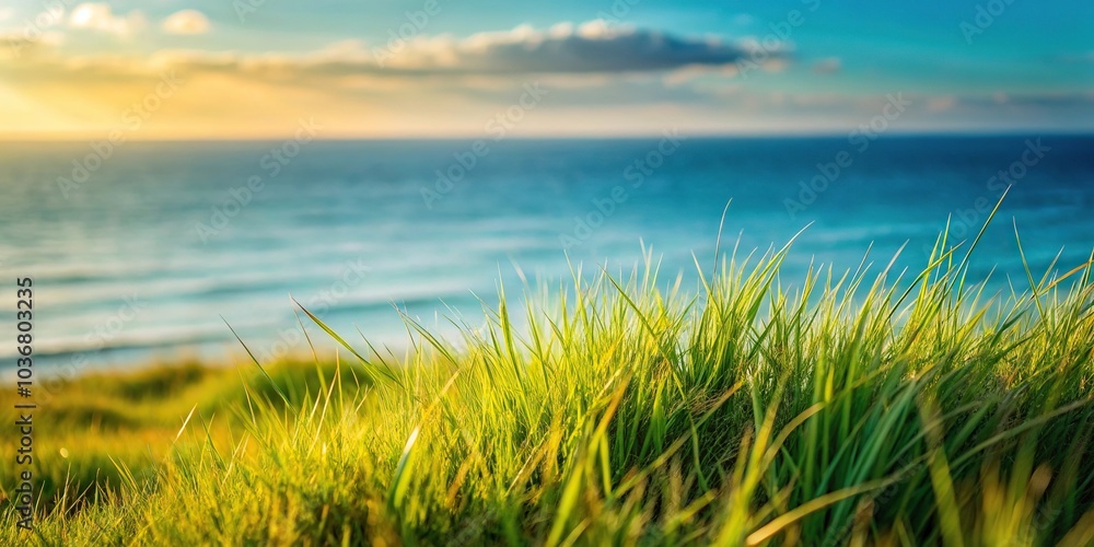Panoramic view of grass in foreground and blurred sea in background Panoramic view of grass in foreground and blurred sea in background
