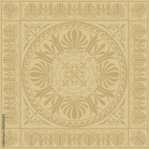 Vector golden classic Greek square ornament. Rectangle of Ancient Greece and Roman Empire. Byzantine painting of walls, floors and ceilings. Decoration of European palaces