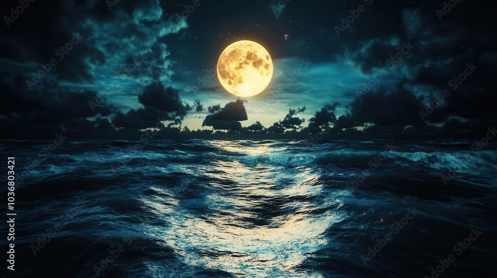 Fototapeta premium Full moon shining brightly over a dark, wavy sea with clouds in the sky.