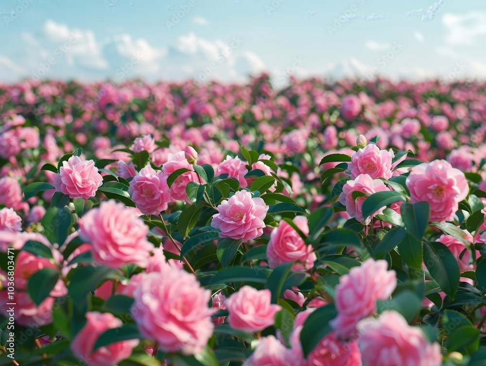 Obraz premium Pink Camellia Flowers in Bloom Against a Blue Sky