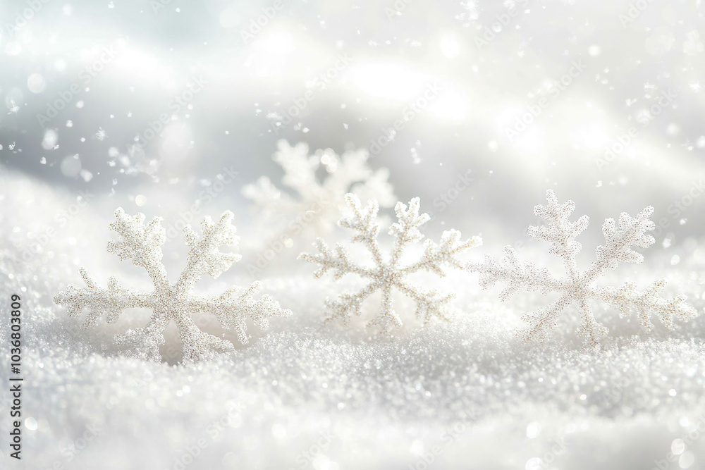 Enchanting Winter Wonderland Scene Featuring Snowflakes on Soft White Snow Enchanting Winter Wonderland Scene Featuring Snowflakes on Soft White Snow