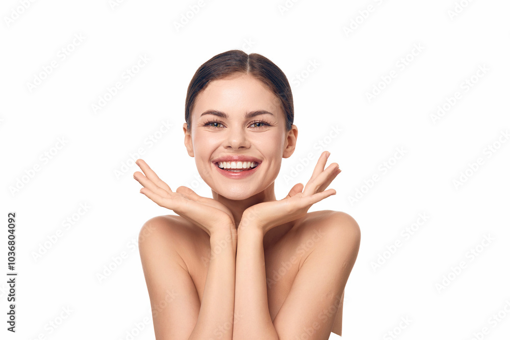 Beautiful young Asian make up woman touching her clean face with fresh healthy skin isolated on white background, beauty cosmetics and facial care concept Beautiful young Asian make up woman touching her clean face with fresh healthy skin isolated on white background, beauty cosmetics and facial care concept