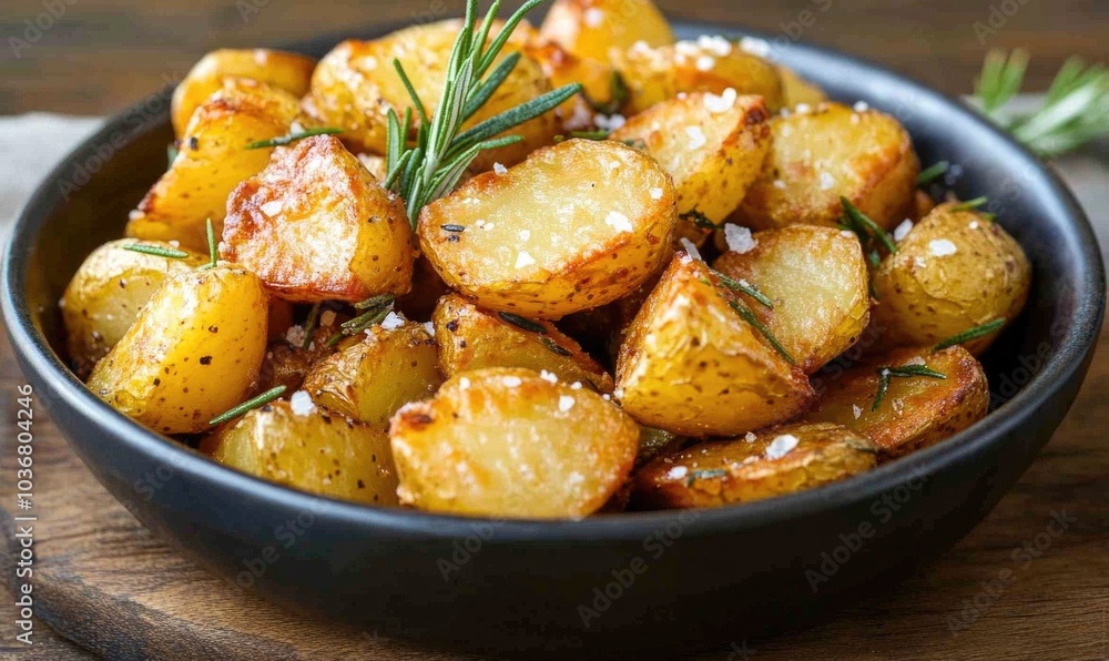 A bowl of roasted potatoes with rosemary and salt A bowl of roasted potatoes with rosemary and salt