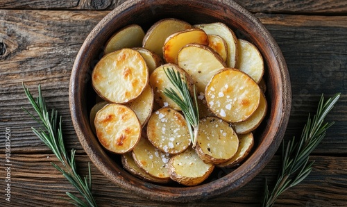 A bowl of potatoes with some herbs on top