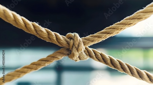 Complex web of interconnected ropes symbolizing intricate business relationships and antitrust challenges, with a focused foreground rope representing the effort to break monopolies.