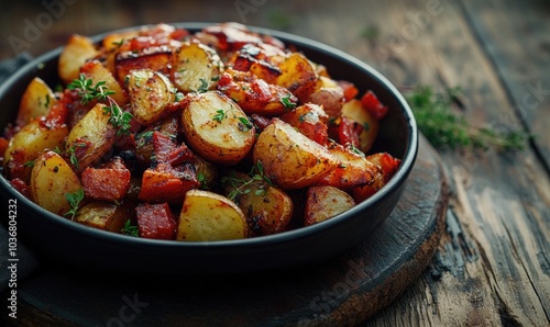 A black bowl of food with potatoes and other vegetables