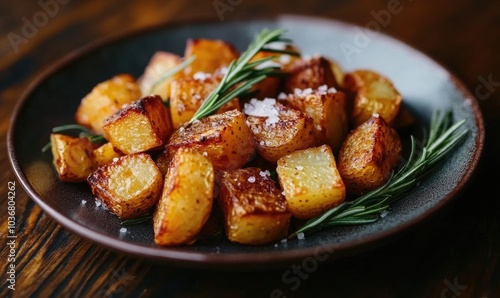 A plate of potatoes with rosemary on top