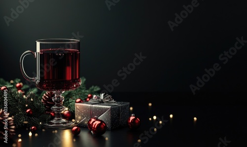 A glass of red wine sits on a table next to a black box with a bow on top