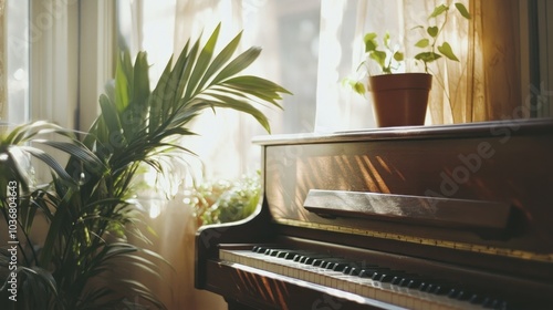 Piano in Sunlit Room with Green Plants