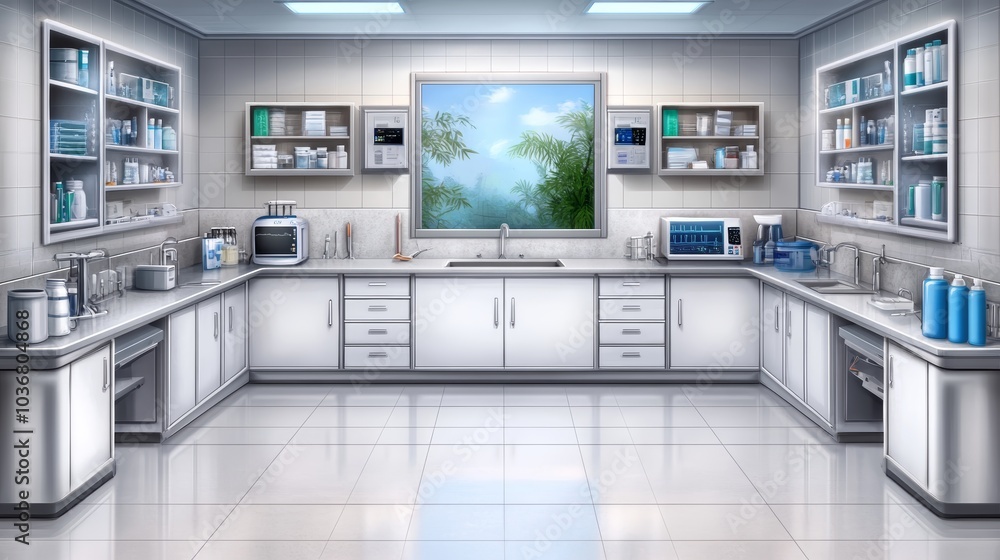 A bright, modern laboratory filled with shelves of supplies, equipment, and a window offering a view of nature. A bright, modern laboratory filled with shelves of supplies, equipment, and a window offering a view of nature.