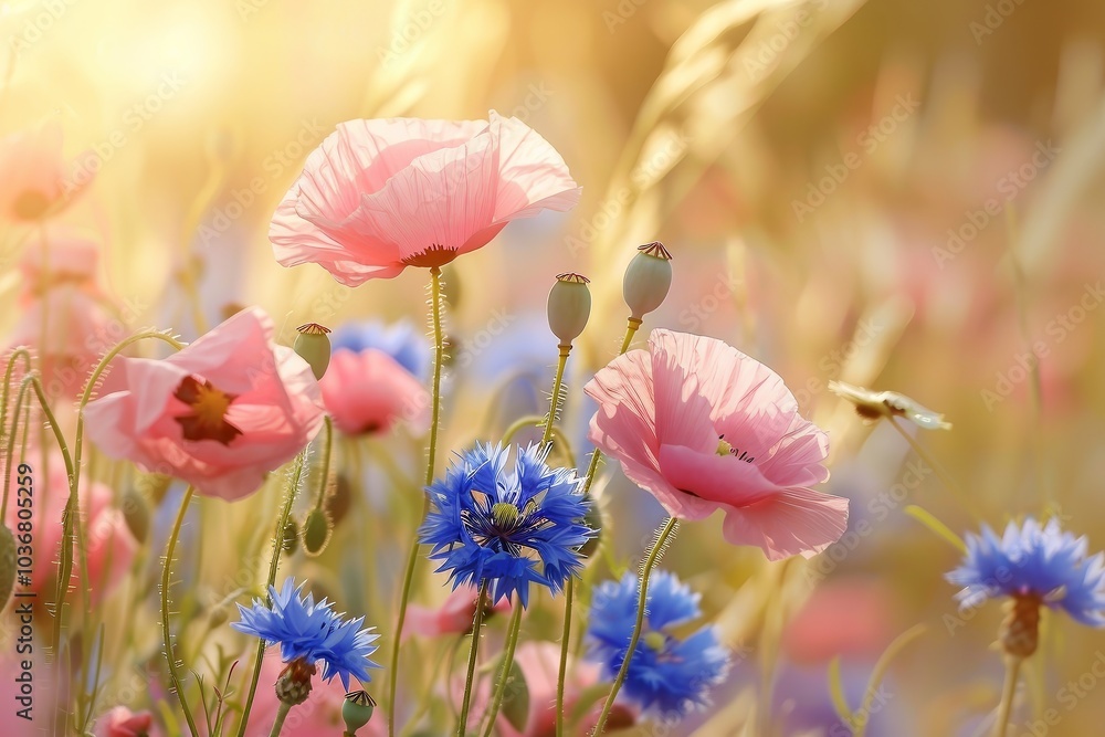Pink Poppies and Blue Cornflowers in a Summer Field Pink Poppies and Blue Cornflowers in a Summer Field