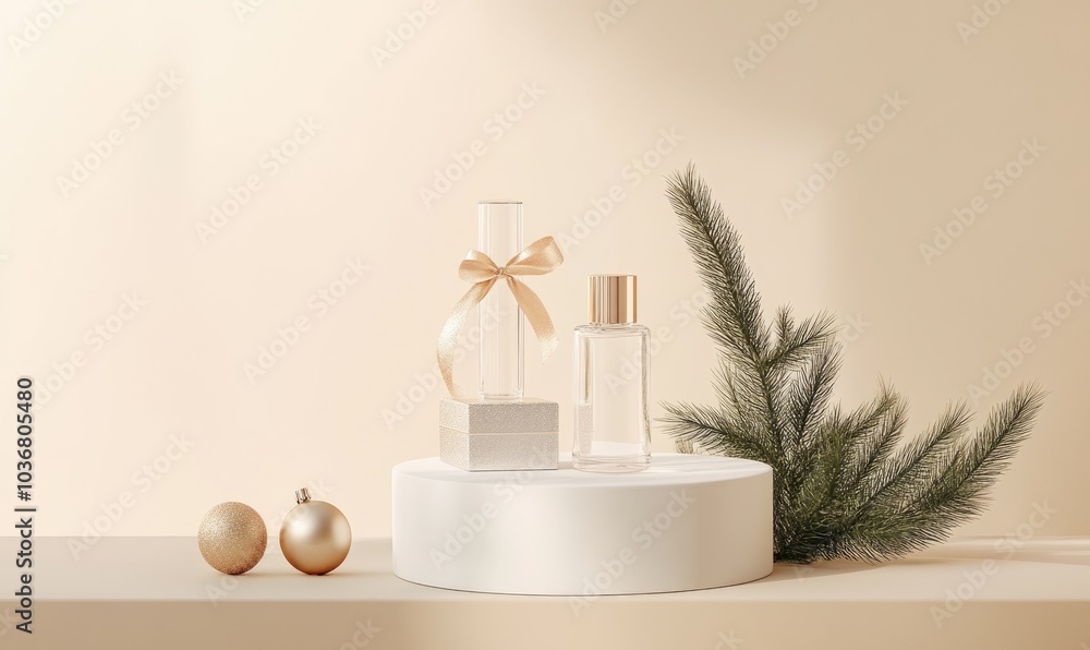 A white pedestal with two perfume bottles and a Christmas tree branch A white pedestal with two perfume bottles and a Christmas tree branch