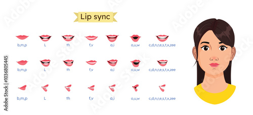 Female Cartoon Mouth Animation Lip Sync Set for Pronunciation Talking and Emotions. Cartoon Lip Sync Set for animation. Mouth Animations Set. Female Cartoon Mouth Animation Set. Lip Sync  Side, Front 