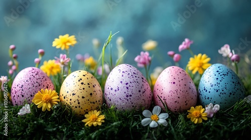 Bright joyful Happy Easter background featuring a beautiful array of pastel eggs nestled in soft grass surrounded by blooming flowers creating a perfect frame for your seasonal message