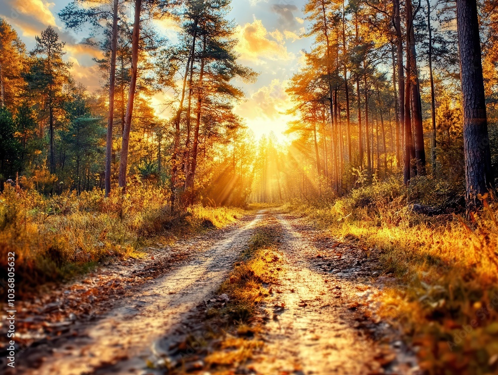 Fototapeta premium A dirt road winds through a golden autumn forest, bathed in the warm glow of a setting sun. Rays of light pierce through the trees, creating a magical atmosphere.