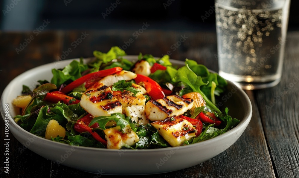 A bowl of salad with grilled chicken and a glass of water A bowl of salad with grilled chicken and a glass of water