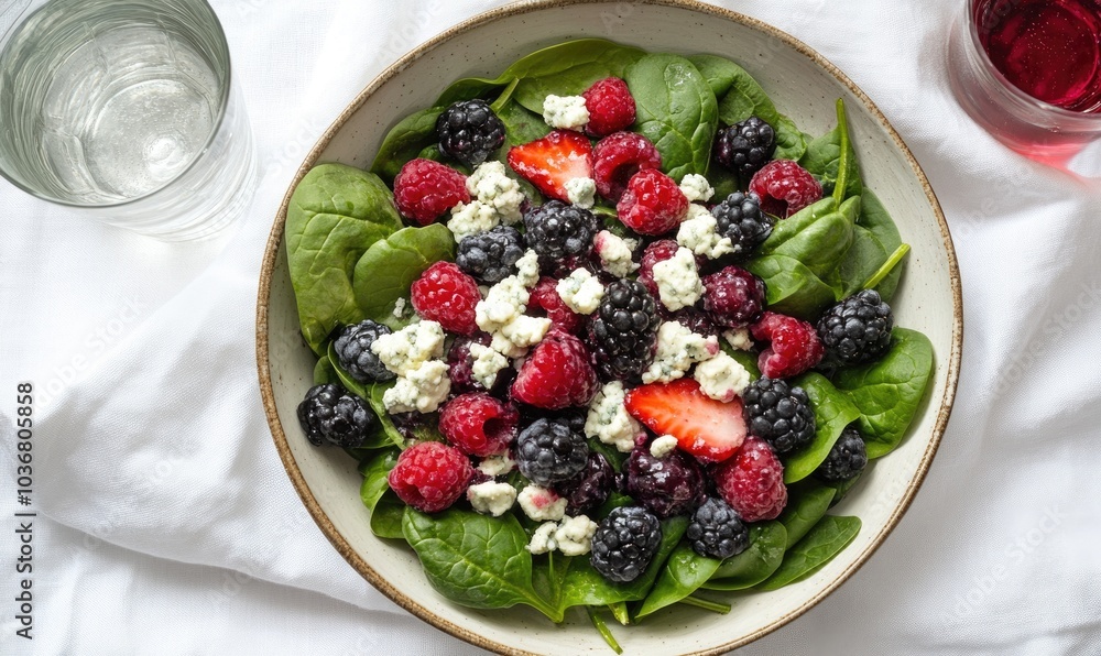 A bowl of fruit salad with strawberries, blueberries, and blackberries A bowl of fruit salad with strawberries, blueberries, and blackberries