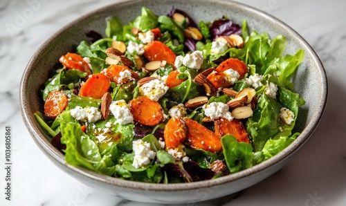 A bowl of salad with carrots and almonds