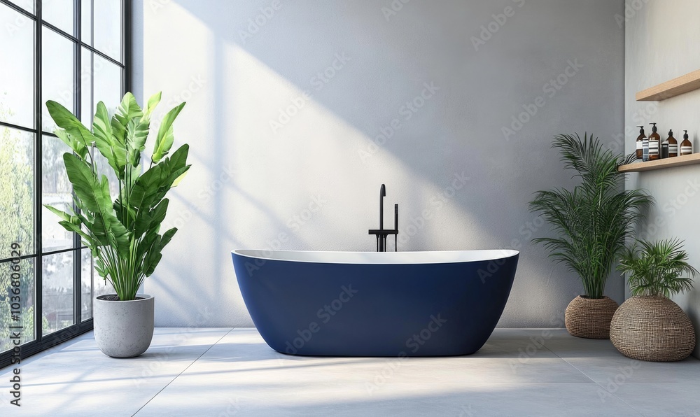 Fototapeta premium A blue bathtub sits in a bathroom with a large window and a potted plant