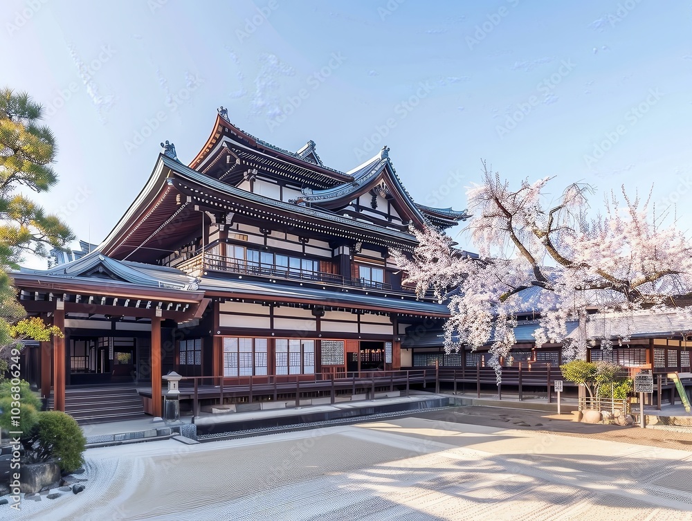 Serene Japanese Temple Garden with Cherry Blossoms Serene Japanese Temple Garden with Cherry Blossoms
