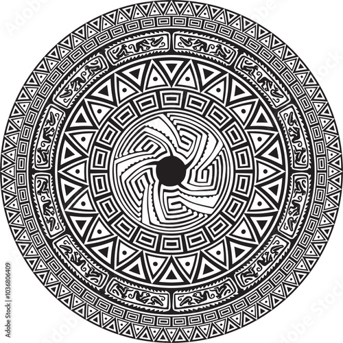 Native American vector round monochrome pattern. Geometric shapes in a circle. National ornament of the peoples of America, Maya, Aztecs, Incas