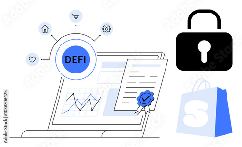 Laptop screen with DeFi text, connected icons, certificate, lock, and shopping bag. Ideal for finance, technology, security, e-commerce, blockchain. Minimalist, modern vector style