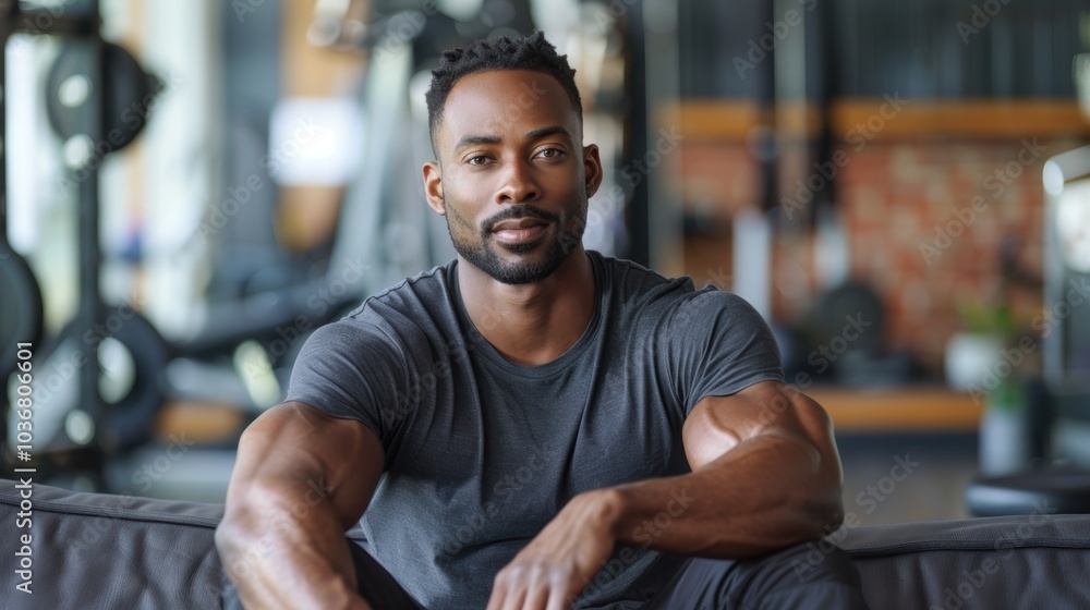 Strong individual taking a break after workout in a gym, focusing on fitness and motivation. Emphasizing health, wellness, and relaxation after cardio training Strong individual taking a break after workout in a gym, focusing on fitness and motivation. Emphasizing health, wellness, and relaxation after cardio training