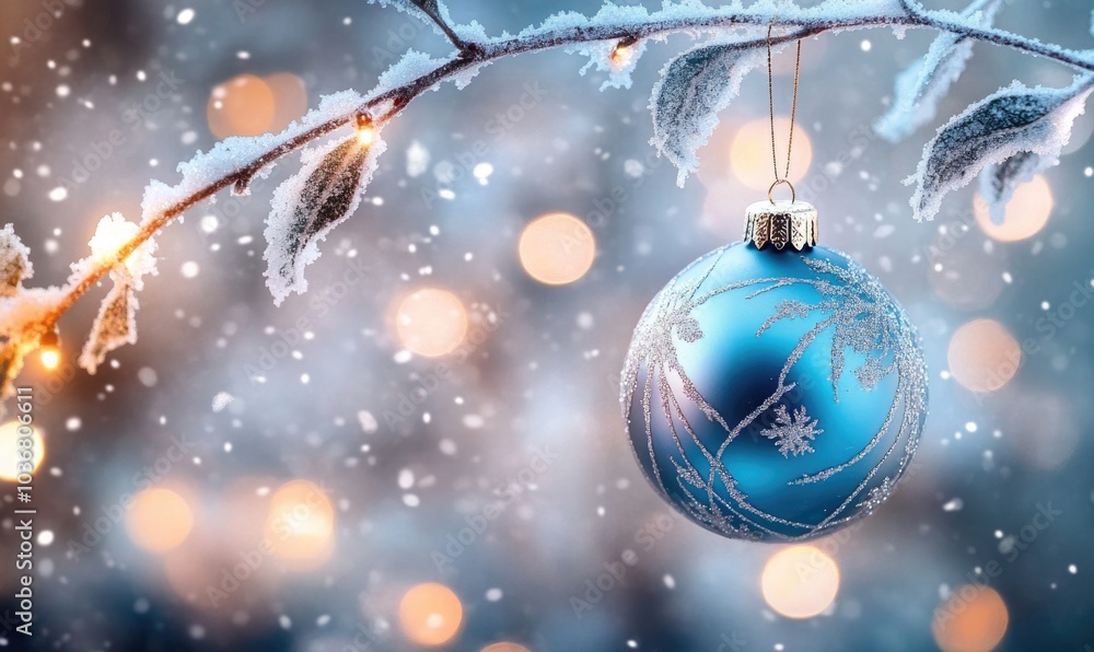 A blue Christmas ornament hangs from a branch covered in snow A blue Christmas ornament hangs from a branch covered in snow