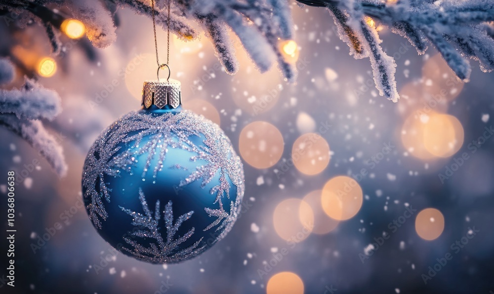 A blue ornament with snowflakes on it hangs from a tree branch A blue ornament with snowflakes on it hangs from a tree branch