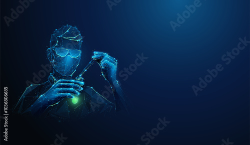 Abstract illustration of low poly doctor developing innovative vaccine or drug. Blue geometric background depicting biotechnology scientific research medical concept by wireframe connection structure
