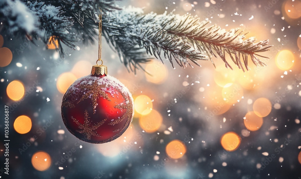 A red ornament hangs from a tree branch covered in snow A red ornament hangs from a tree branch covered in snow